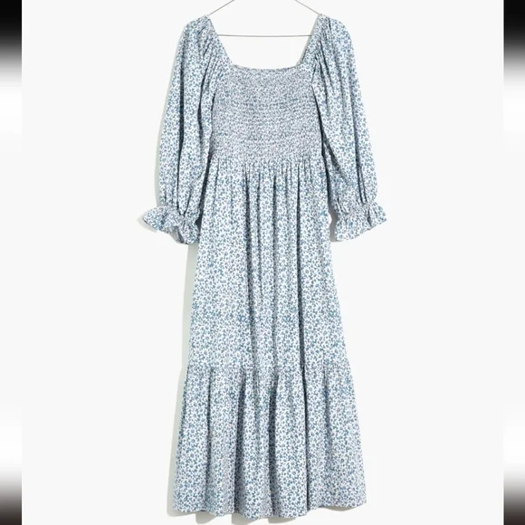 Madewell Lucie Elbow-Sleeve Smocked Midi Dress In Sunflower Field Ocean Blue - Picture 8 of 15